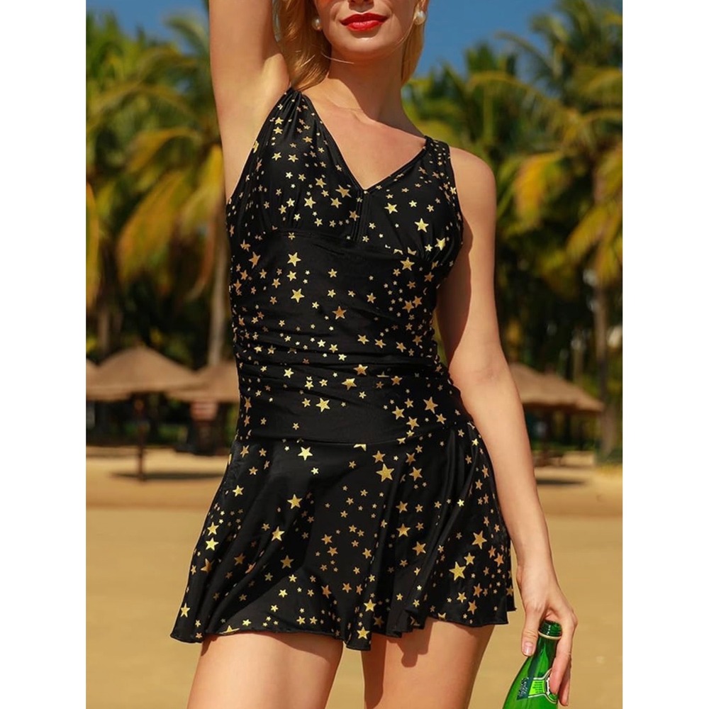 D6 Summer Mae Gold Star Print Black Celestial V-Neck One Piece Dress Swimsuit